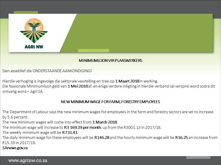 Minimum loon vir plaaswerkers Agri NW